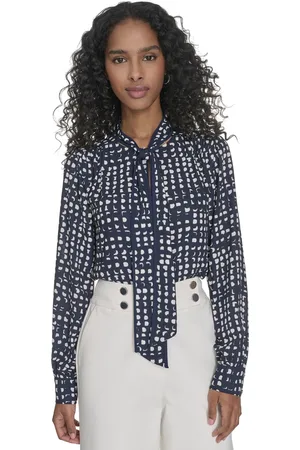 Calvin Klein Petite Printed Long Sleeve Tie-Neck Blouse - Navy/cream