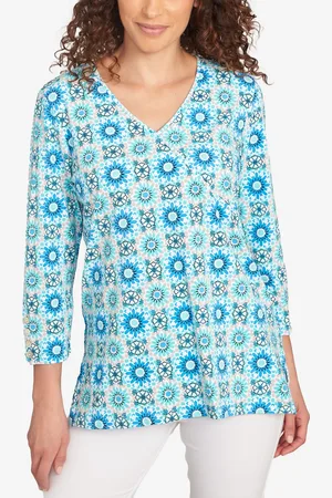 RUBY Petite Medallion Tile Floral Faux Surplice Top