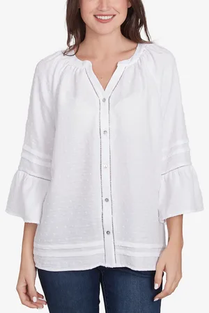 RUBY Petite Clip Dot Button Front Flared V-Neck Top