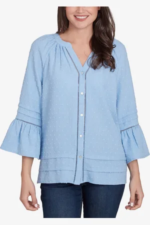RUBY Petite Clip Dot Button Front Flared V-Neck Top