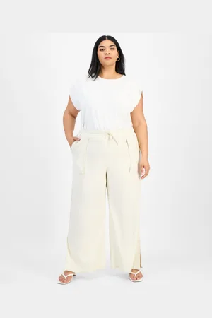 Bar Iii Trendy Plus Size Split-Hem Wide Linen Pants, Exclusively at Macy