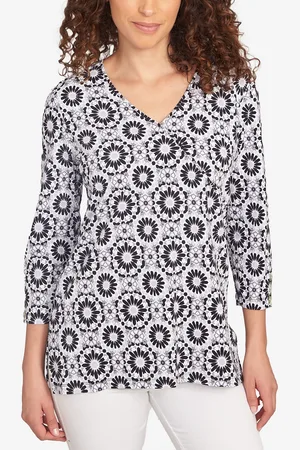RUBY Petite Medallion Tile Floral Faux Surplice Top