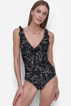 DKNY Ruffle Plunge Underwire Tummy Control One-Piece Swimsuit, Created for Macy
