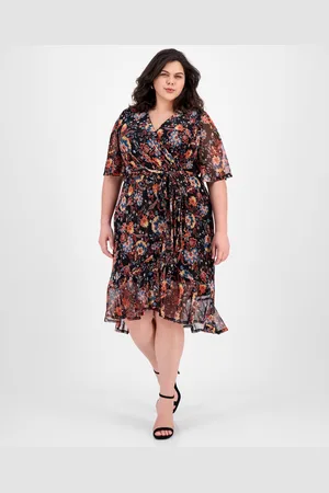 Connected Plus Size Printed Mesh High-Low Faux-Wrap Dress