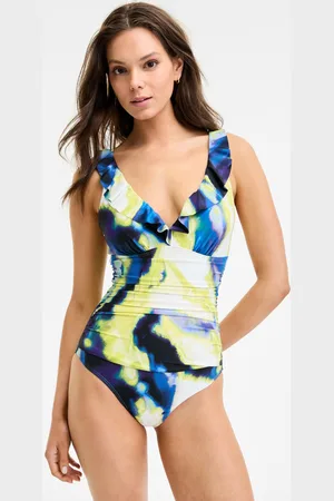 DKNY Ruffle Plunge Underwire Tummy Control One-Piece Swimsuit, Created for Macy