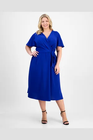 Connected Plus Size Tie-Waist Flutter-Sleeve Midi Dress