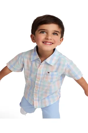 Tommy Hilfiger Toddler Boys 2-Piece Short Sleeve Seersucker Plaid Shirt and Oxford Shorts Set - Plaid, Light blue