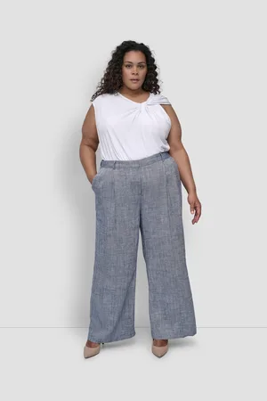 DKNY Plus Size High Rise Zip-Front Wide-Leg Pants - Atlantic Blue / Ivory