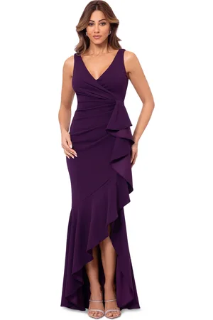 Betsy & Adam Petite Ruffled High-Low Mermaid Gown