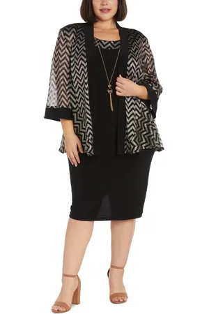 R & M Richards Plus Size Metallic Chevron Jacket & Necklace Dress - Black/Gold
