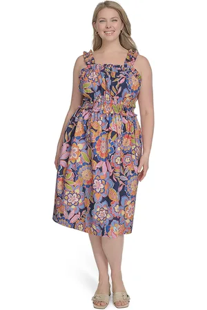 Eliza J Plus Size Cotton Floral Smocked-Waist Midi Dress