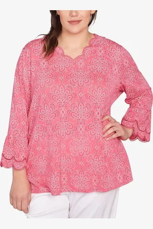 RUBY Plus Size Print Solid Burnout Top