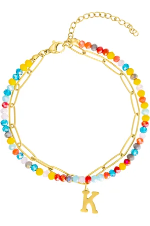 ADORNIA Gold Adjustable Layered Color Faux Stone and Paperclip Chain Initial Bracelet