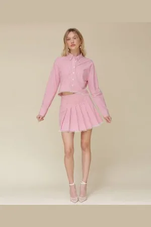 AVEC LES FILLES Womens Striped Lace Trimmed Cropped Shirt Pleated Lace Trim Mini Skirt
