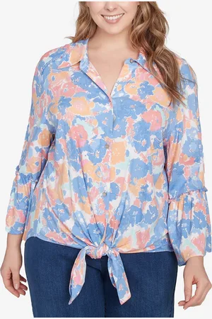 RUBY Plus Size Floral Button Tie Front Top