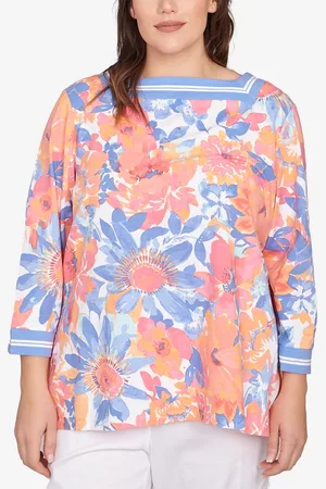 RUBY Plus Size Floral Striped Trim Top