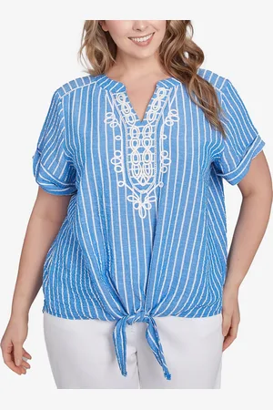 RUBY Plus Size Yarn Dye Stripe Embellished Tie Front Top