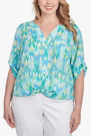 RUBY Plus Size Paradise Ikat Button Tie Front Top