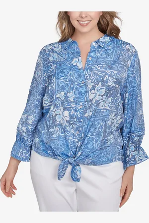 RUBY Plus Size Silky Floral Tile Button Tie Front Top