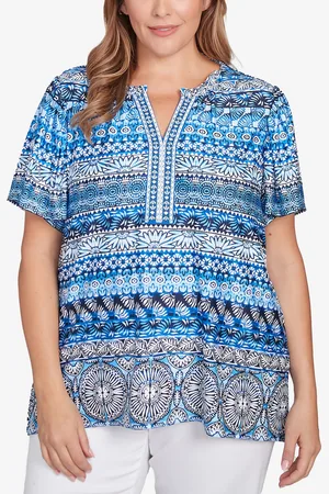 RUBY Plus Size Motif Stripe Embroidered Puff Print Top