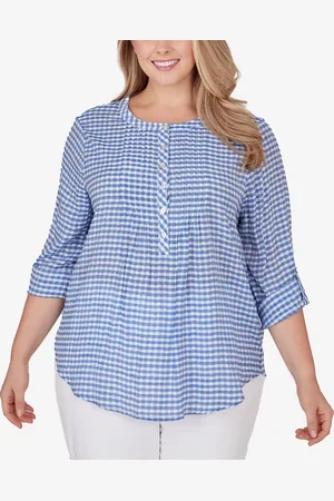 RUBY Plus Size Gingham Silky Henley Crew Neck Top