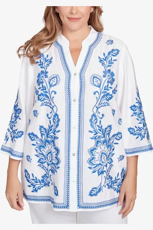RUBY Plus Size Tidal Embroidered Button Front Top