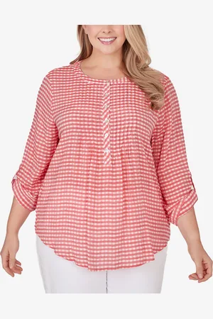 RUBY Plus Size Gingham Silky Henley Crew Neck Top
