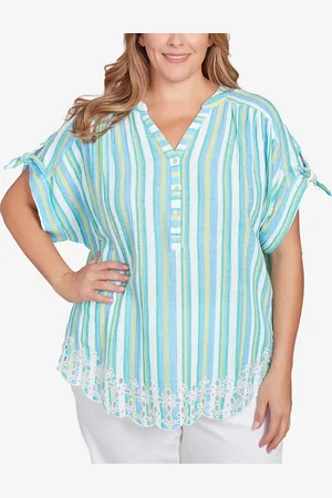 RUBY Plus Size Scalloped Stripe Embroidered Tie Sleeve Top
