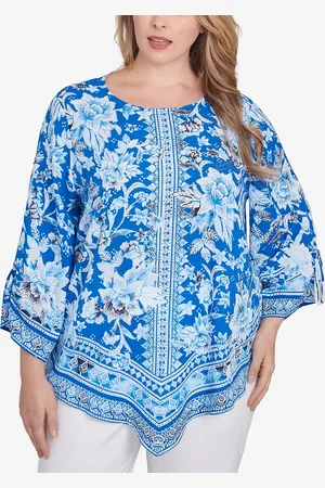 RUBY Plus Size Bohemian Batik Floral Border Print Crepe Tunic Top