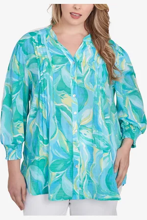 RUBY Plus Size Abstract Tropical Silky Button Front Top