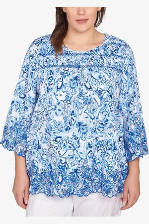 RUBY Plus Size Oceanic Paisley Embroidered Crew Neck Top