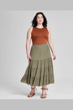 And Now This Plus Size Pull-On Tiered Midi Skirt