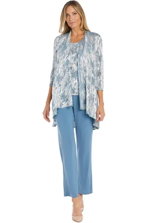 R & M Richards Petite Metallic Swing Jacket, Tank and Pants 3-Pc. Set - Ocean/Silver