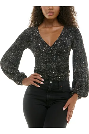 Alex & Sophia Glitter Side-Shirred V-Neck Top - Blk/gold