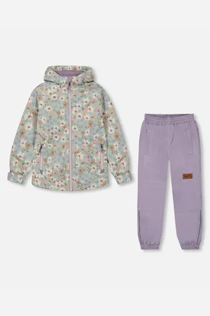 Deux par Deux Baby Girls Printed Jacket Two-Piece Mid-Season Outerwear Set And Lilac. - Small white flowers on turquo