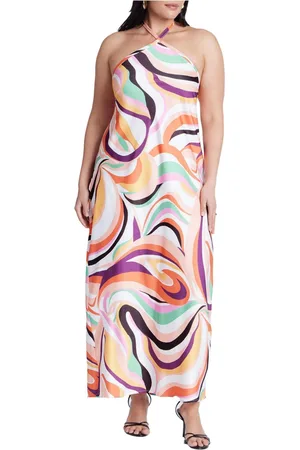 Eloquii Plus Size Tie Neck Printed Maxi Dress