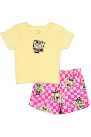 Spongebob Toddler Girls Ribbed T-Shirt and French Terry Shorts Outfit Set - Yellow / pink