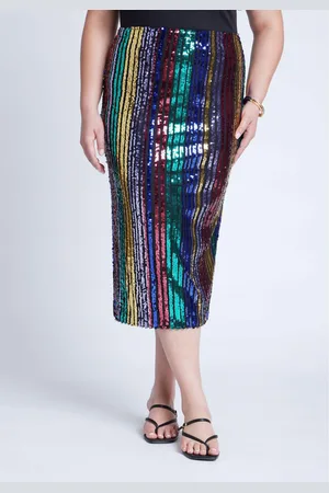 Eloquii Plus Size Rainbow Striped Sequin Midi Skirt
