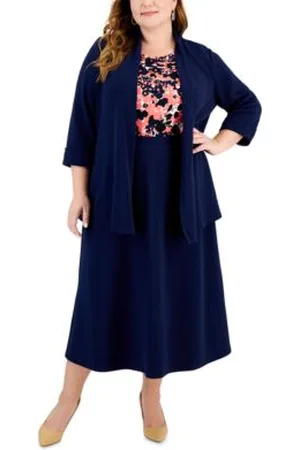 Kasper Plus Size Open Front Cardigan Floral Cowlneck Knit Top Pull On Midi Skirt