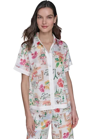 Karl Lagerfeld Petite Short-Sleeve Multi-Print Camp Shirt - Soft White/Fus Coral Multi