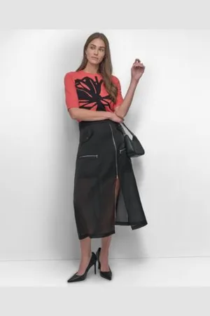 DKNY Womens Floral Jacquard Sweater Organza Midi Skirt