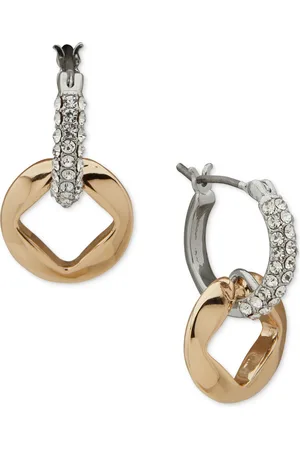 Karl Lagerfeld Two-Tone Square-Cut Hoop Charm Pave Hoop Earrings