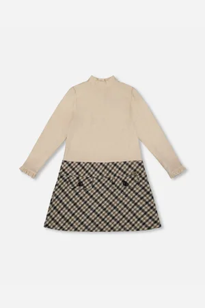 Deux par Deux Girl Long Sleeve Bi-Material Mock Neck Dress and Plaid - Child
