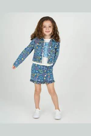 Rare Editions Little Girls 3-Piece Smiley Denim Jacket, Ruffle hem Skort, Crewneck T-Shirt Set