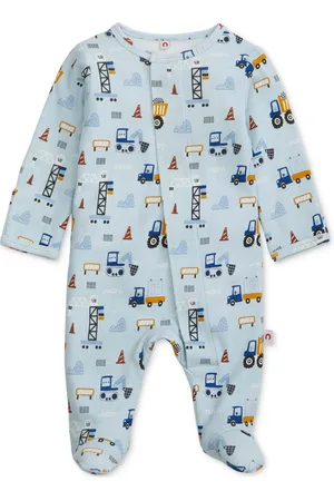 Easy Magnetic Close Baby Cotton Magnetic Footed Coverall - Building Is Fun/Blue