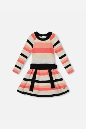 Deux par Deux Big Girls Striped Knit Dress Beige Black and Pink - Beige, black and pink