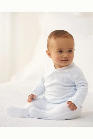 Ralph Lauren Baby Boys or Girls Organic Cotton Striped Footed Coverall - Beryl Blue, White