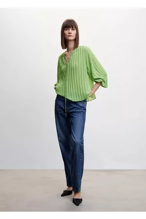 MANGO Pleated blouse with puffed sleeves - 0 - Women