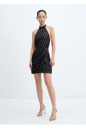 Mango - Draped-Neck Rhinestone Dress Black - 4 - Women