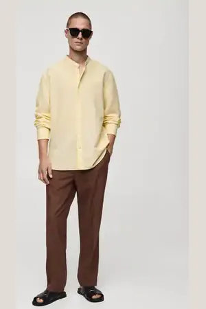 MANGO Classic-fit linen shirt with mandarin collar - XS - Men